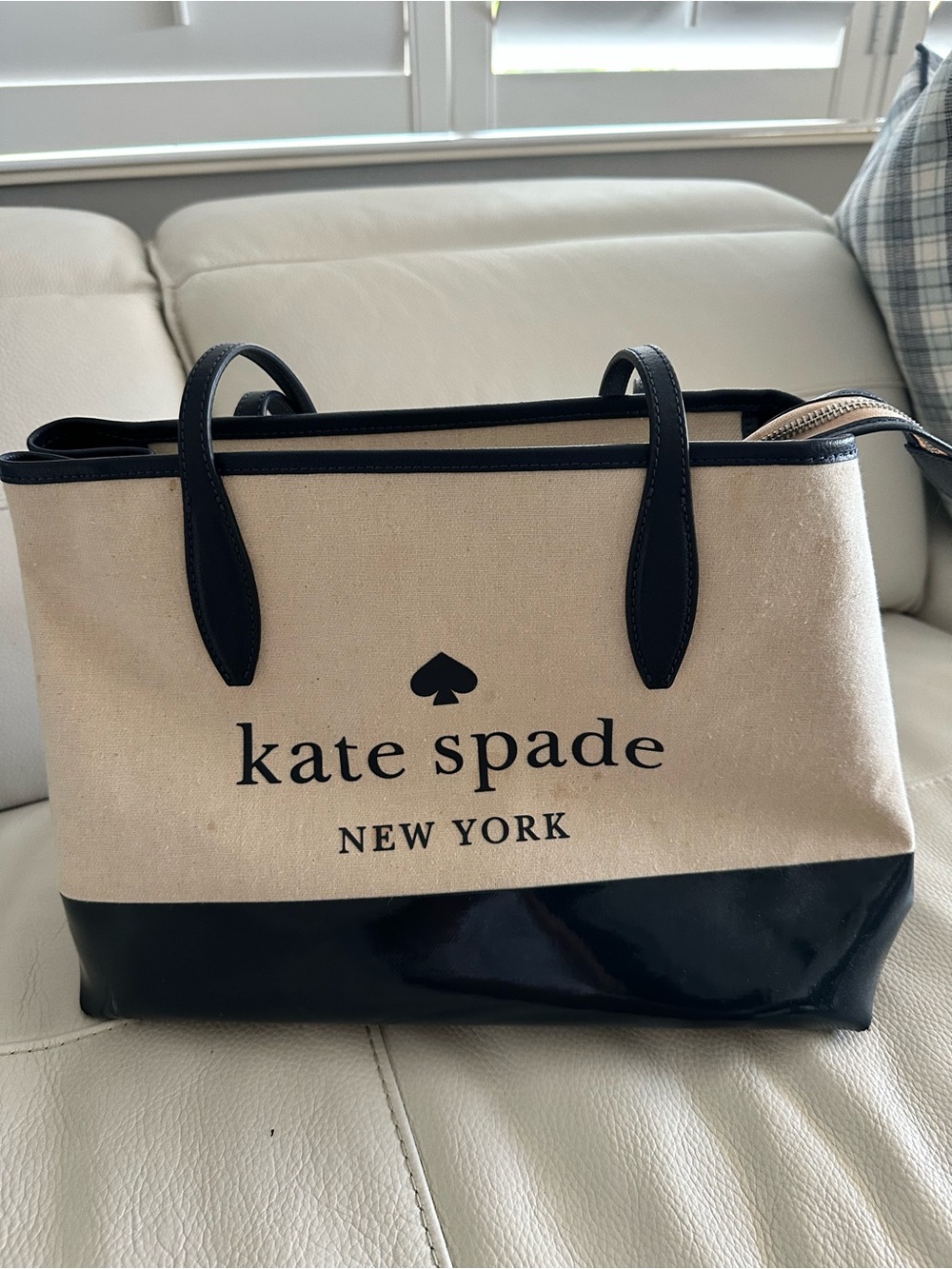 kate spade Canvas Tote in Cream and Navy blue